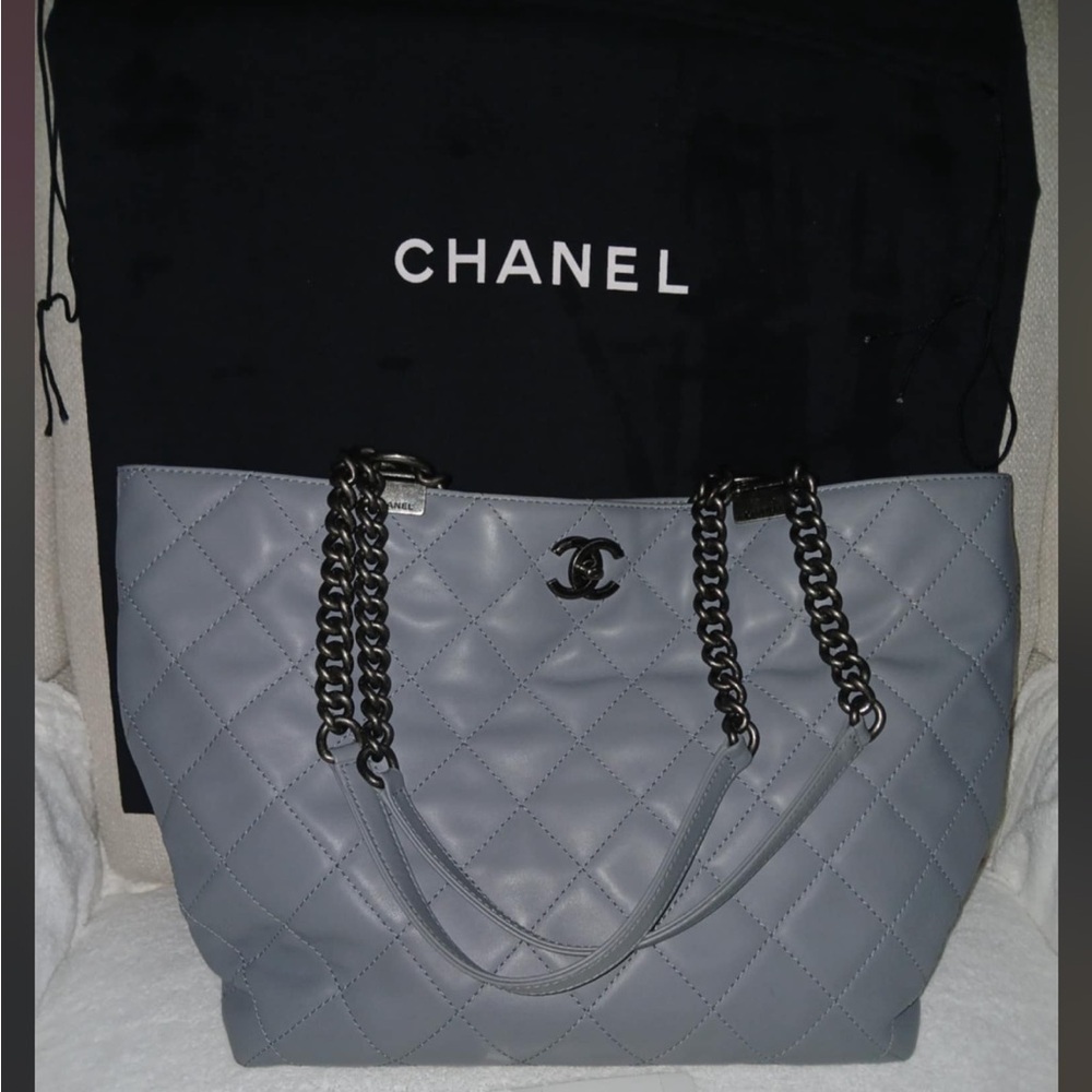 CHANEL Quilted Tote in Gray with Chain Straps